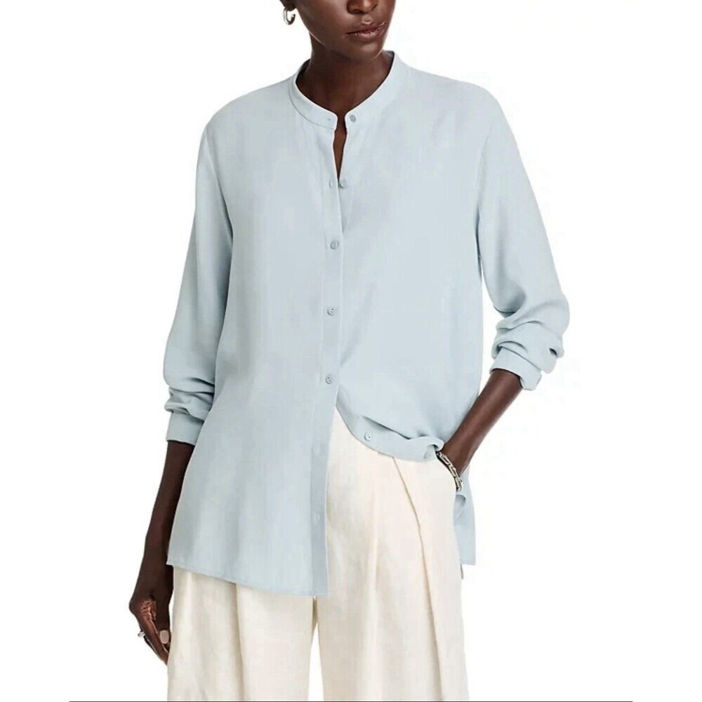 Eileen Fisher Frost Silk Georgette Mandarin Collar Long Sleeve Shirt Women Med - Picture 6 of 7